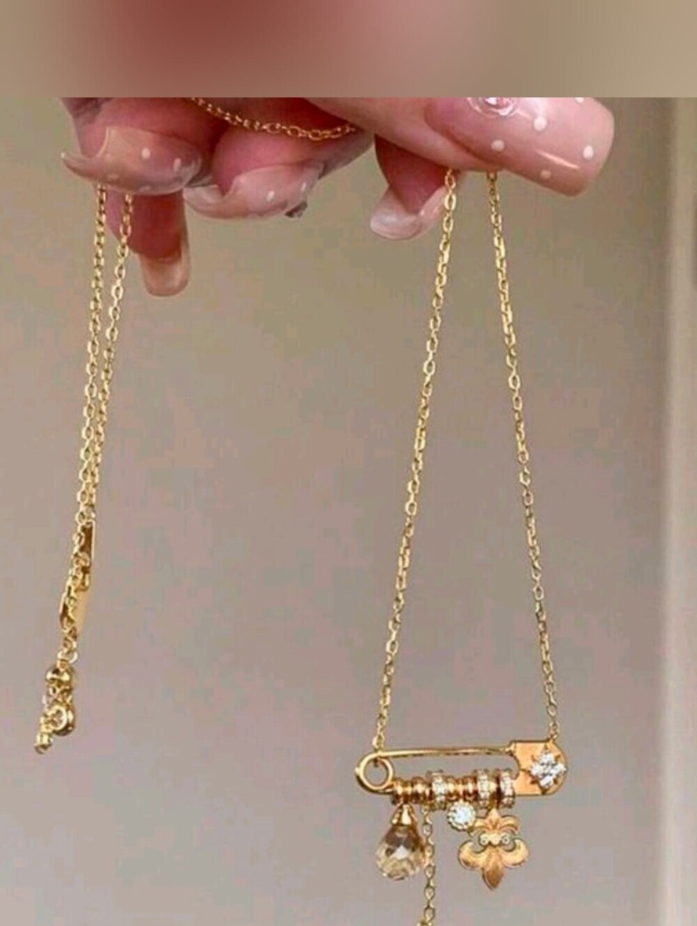 Fashion Jewelry Gold Safety Pin Necklace with Crystal & Flower Charms Nwot